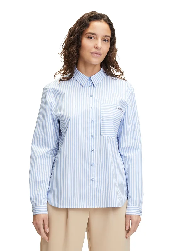 Betty Barclay Rhinestone Patch Pocket Striped Shirt, Blue & White Collared T-Shirt Boat Neck A-Line