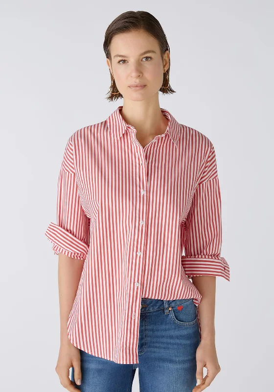 Oui Cotton Blend Striped Shirt, Red & White Solid Color Striped Floral