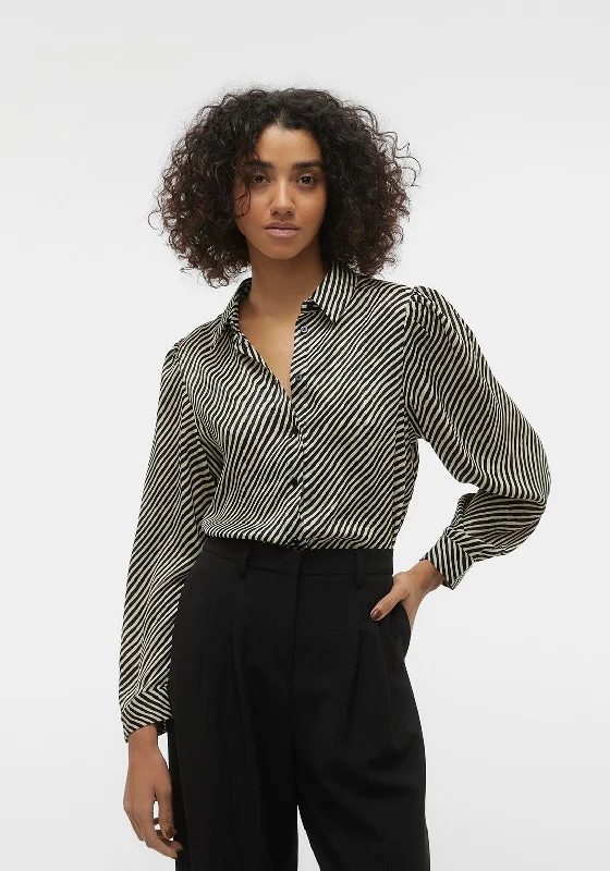 Vero Moda Izel Diagonally Striped Shirt, Black Iron Safe Non-Iron Wrinkle Free