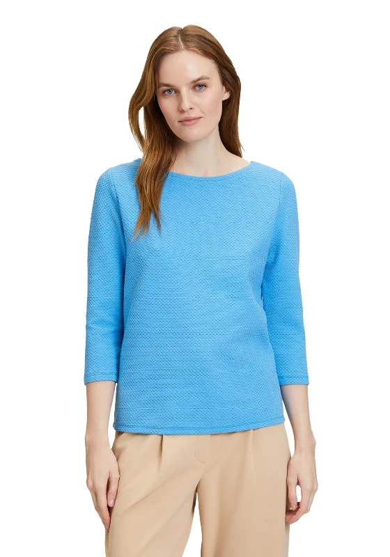 Betty Barclay Round Neck Jacquard T-Shirt, Azure Blue Asymmetrical Pockets Print