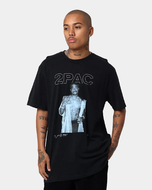 Tupac Blue Photo Short Sleeve T-Shirt Washed Black Mesh Canvas Denim