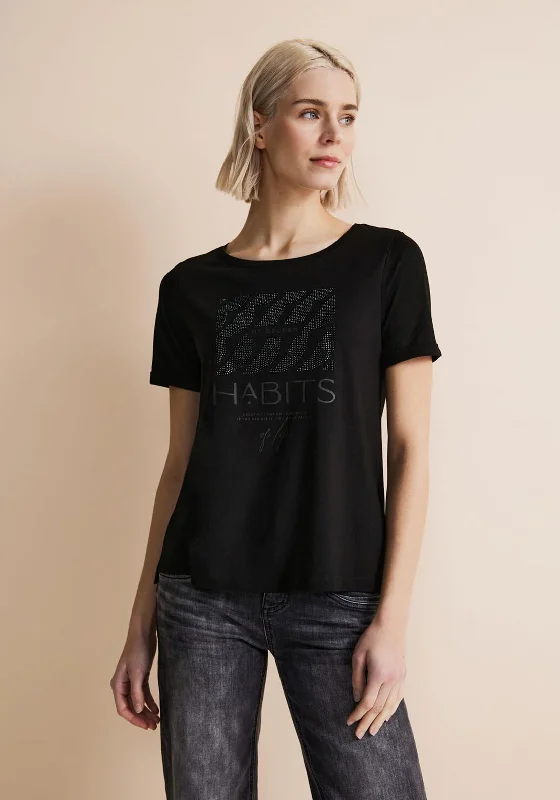 Street One Embellished Print T-Shirt, Black Fashionable Trendy Casual