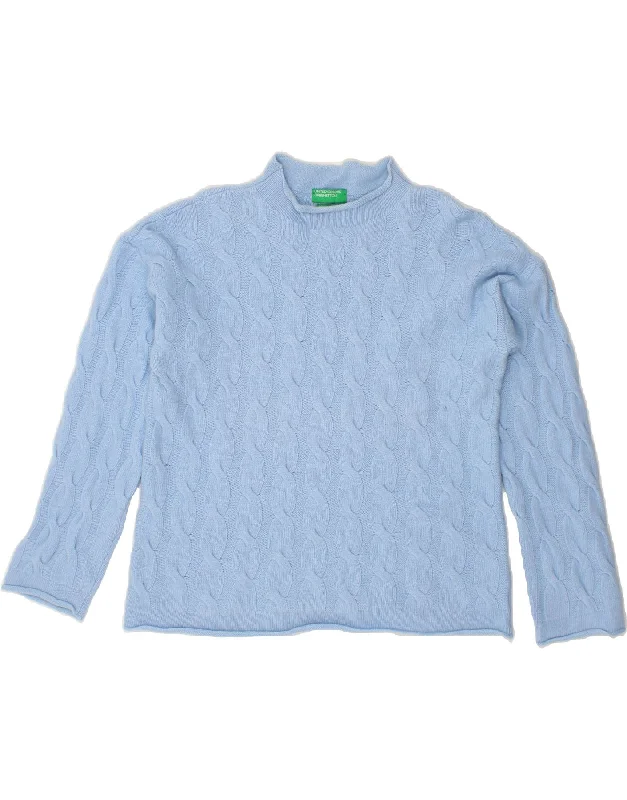 BENETTON Womens Crew Neck Jumper Sweater UK 16 Large Blue Nylon Elegant Classic Vintage