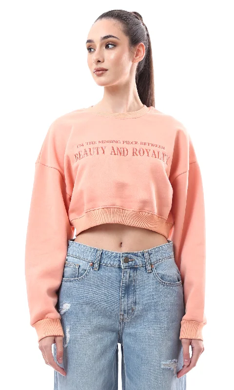 O176246 Crew Neck Stitched Light Salmon Short Sweatshirt Hoodie with Mesh Breathable Sporty