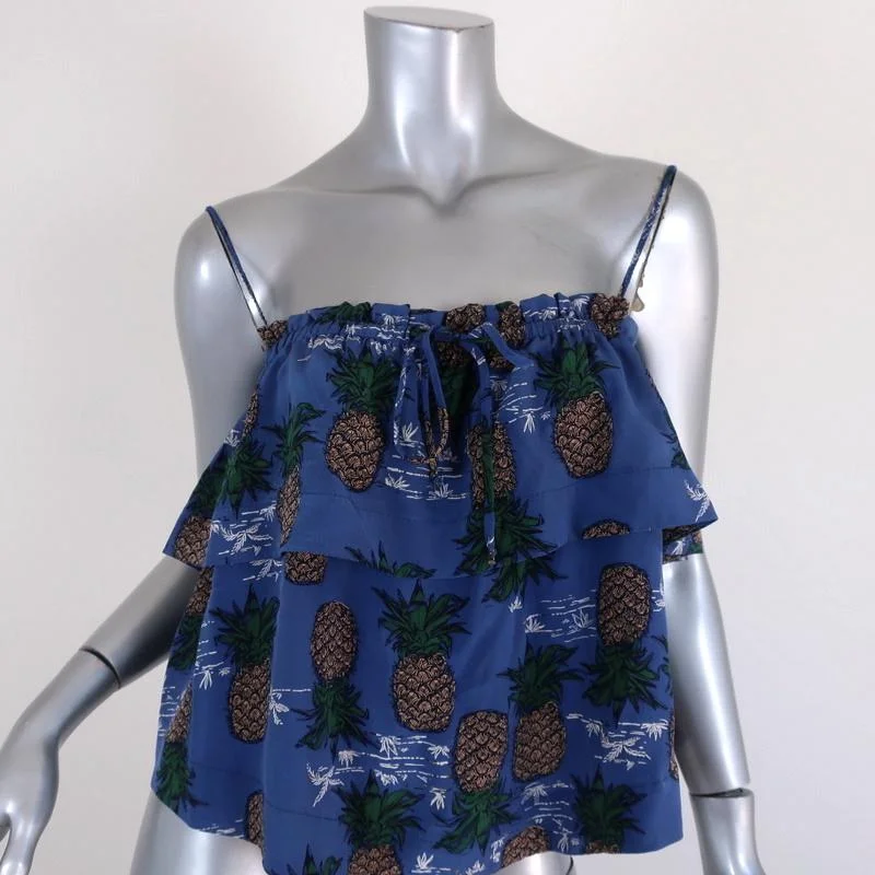 SEA Tank Top Blue Pineapple Print Ruffled Silk Size 8 ribbed tank top