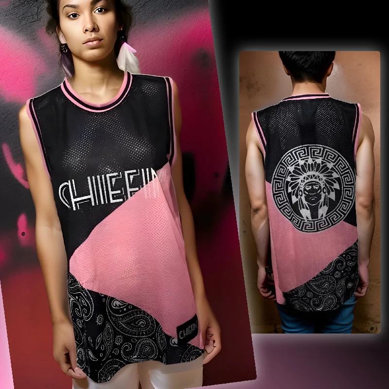 ^CHIEFIN’^ (PINK-BLACK-PAISLEY) MESH BASKETBALL JERSEYS (UNISEX) Silk Jersey Blouse