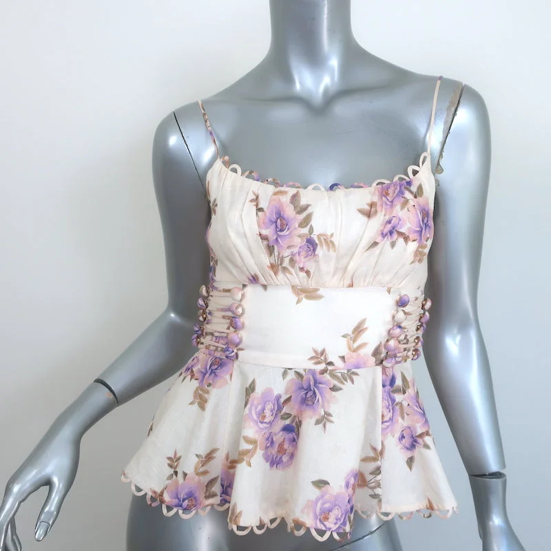 Zimmermann Rosa Laced Peplum Tank Top Cream Floral Print Linen Size 0 striped tank top