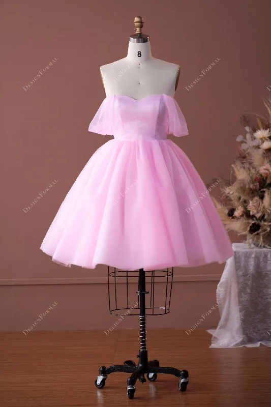 Candy Pink Tulle Off-shoulder Puffy Knee Length Formal Dress Tunics Practical easy-care