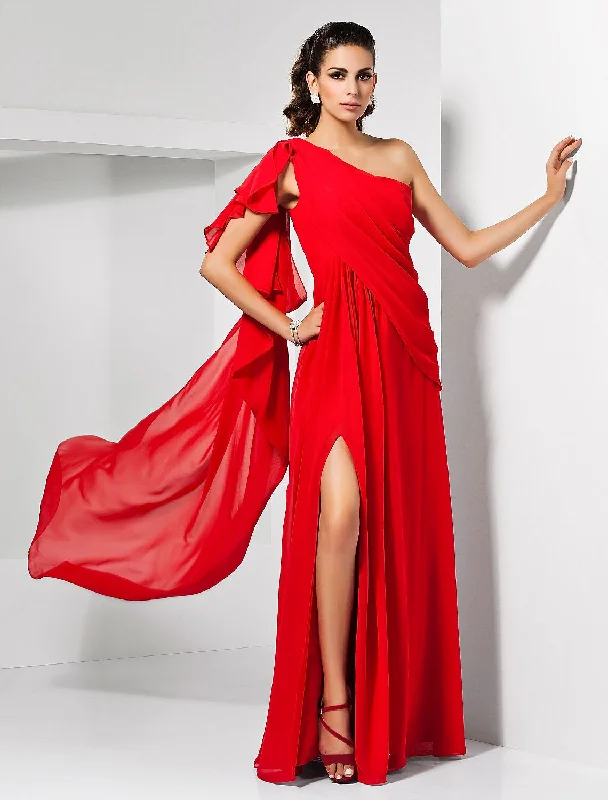 Sheath Christmas Red Green Dress Empire Wedding Guest Formal Evening Dress One Shoulder Sleeveless Floor Length Chiffon with Draping Slit Halter Neckline Beach