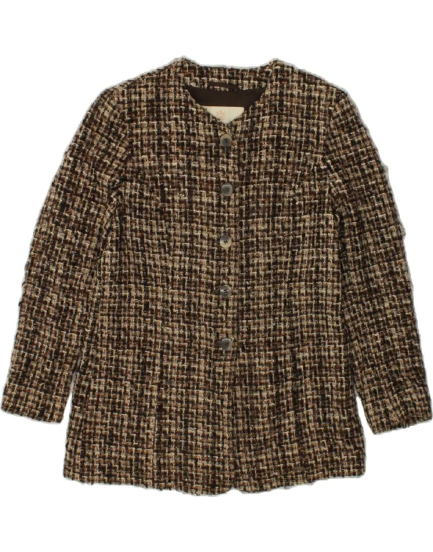 AQUASCUTUM Womens 5 Button Blazer Jacket UK 16 Large Brown Check Print Jacket Jacquard Jacket Embroidered Jacket