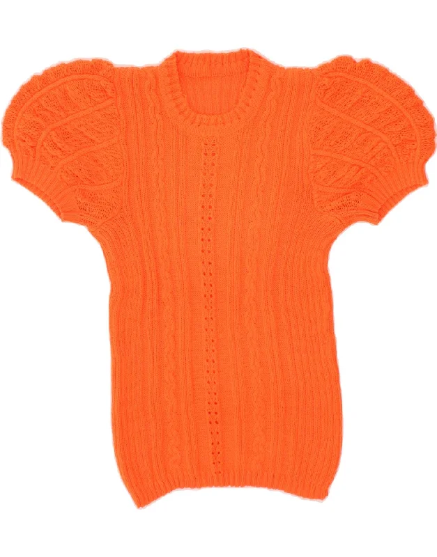 VINTAGE Womens Short Sleeve Crew Neck Jumper Sweater UK 10 Small Orange Jersey Fabric Tulle Fabric Batik Fabric