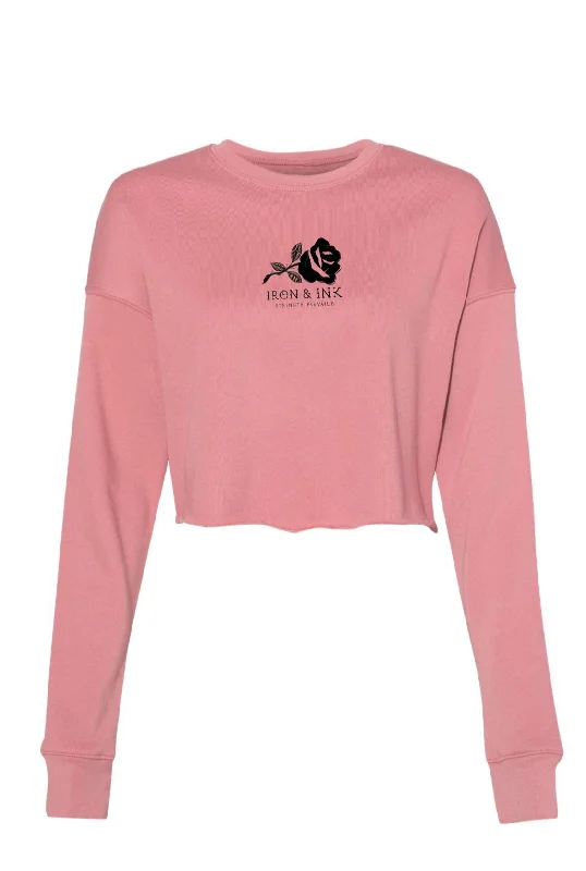 Ladies Strength Prevails Crop Crew Sweater- Mauve Nylon Fabric Polyester Fabric Spandex Fabric