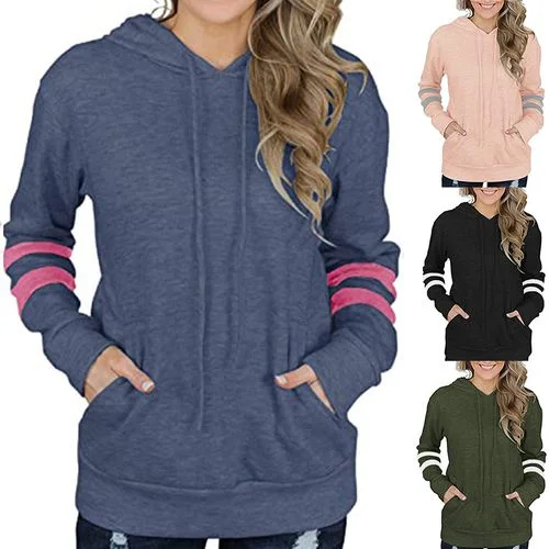 Womens Contrasting Striped Hoodie Kangaroo Pocket Sweater Hoodie with Fur Luxurious Winter