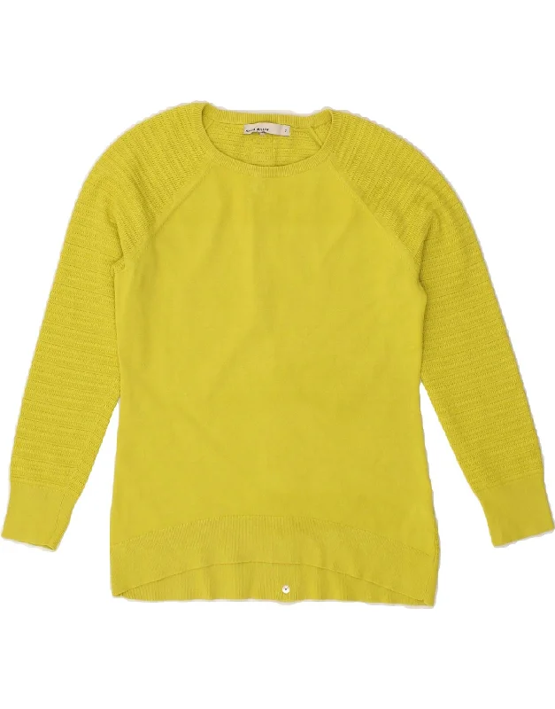 KAREN MILLEN Womens 3/4 Sleeve Crew Neck Jumper Sweater US 2 XS Yellow Neon Metallic Matte