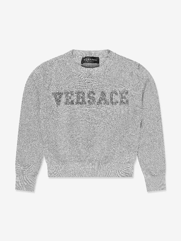 Versace Girls Logo Knitted Sweater in Silver Zippered Front Buttoned Front Snap Front