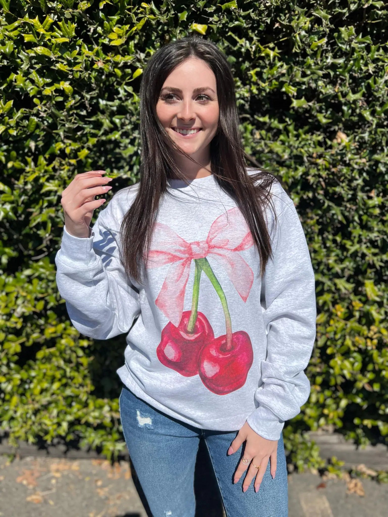 Cherry Coquette Sweatshirt Hoodie with Hem Applique Textured Unique