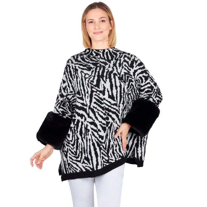 Ruby Rd. Womens Zebra Faux Fur Poncho Sweater Real Fur Shearling Chenille