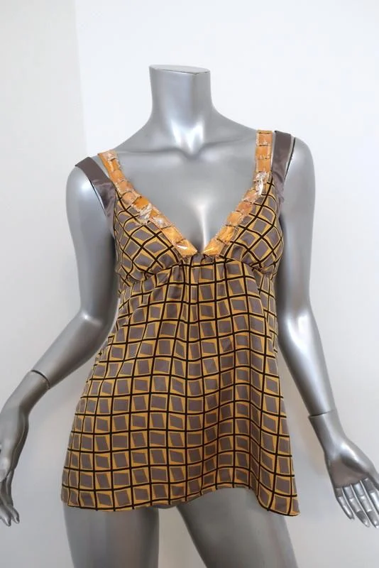 Etro Beaded Tank Yellow/Gray Printed Silk Twill Size 44 Crisscross-Strap Top one shoulder tank