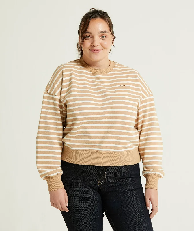 Ladies Crew Neck Stripe Sweatshirt - Tan & Off-White Hoodie with High-Low Hem Asymmetrical Trendy