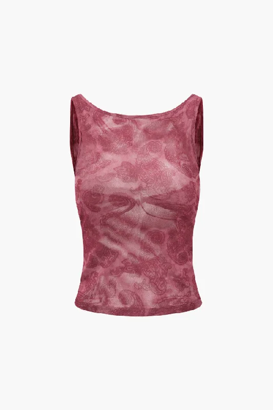 Paisley Print Mesh Backless Tank Top crew neck tank