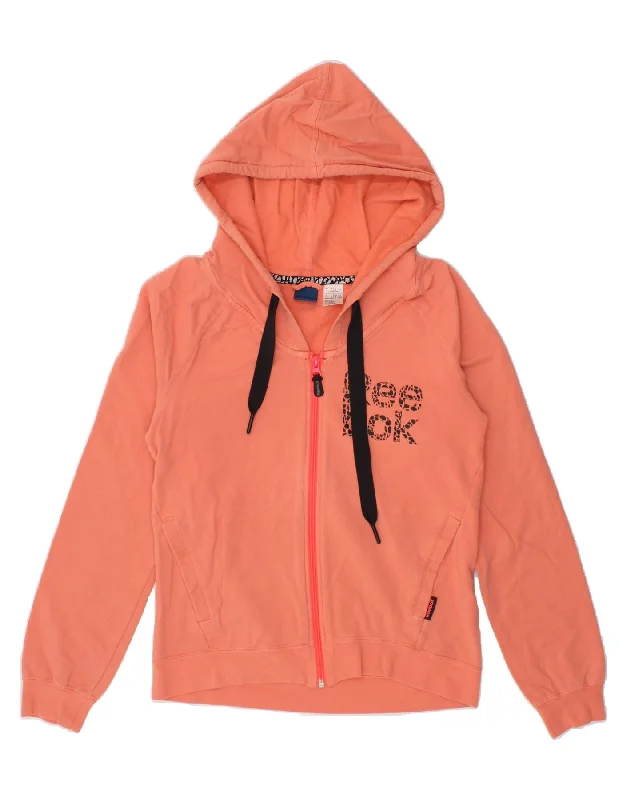 REEBOK Womens Graphic Zip Hoodie Sweater UK 8/10 Small Orange Cotton Machine Wash Dry Clean Hand Wash