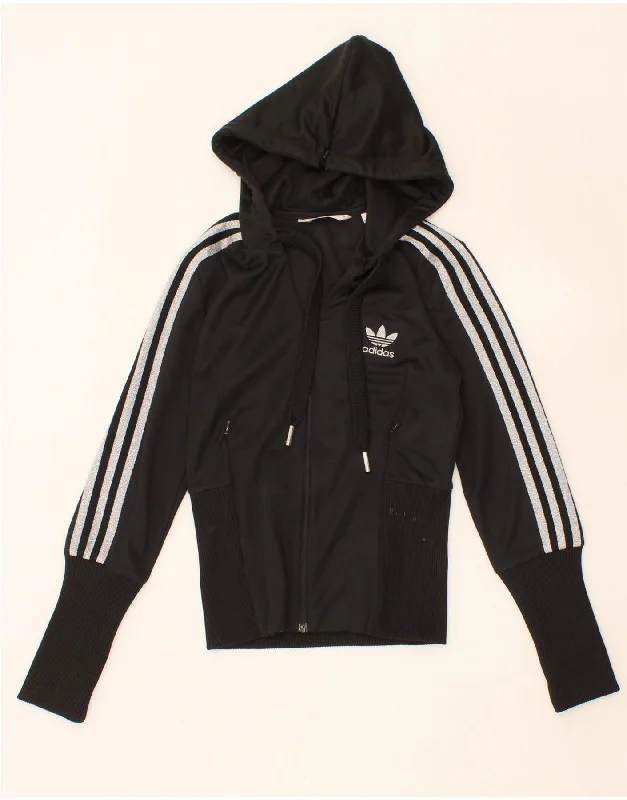 ADIDAS Womens Zip Hoodie Sweater IT 40 Small Black Polyester Spandex Rayon Corduroy