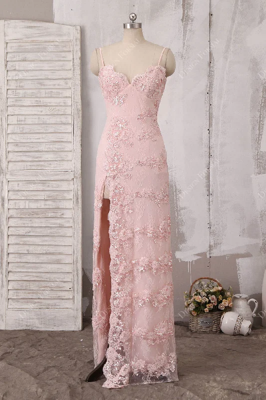 Pink Beaded Lace Sexy Slit Sheath Evening Prom Dress Tunics Evening elegant