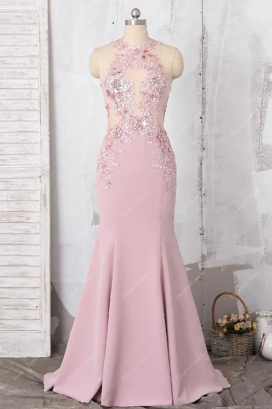 Sexy Illusion Beaded Lace Bodice Dusty Pink Prom Dress Tunics Chinos classic