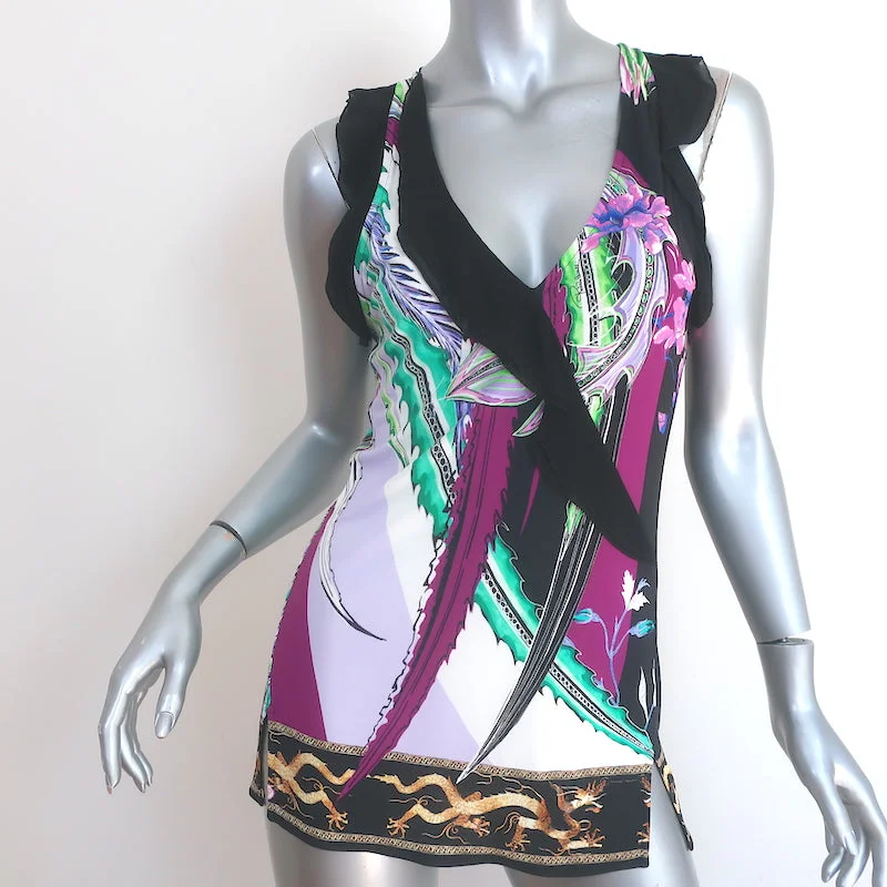 Roberto Cavalli Ruffle-Trimmed Tank Top Multicolor Printed Jersey Size 40 sleep tank top