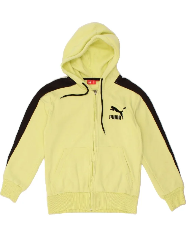 PUMA Womens Zip Hoodie Sweater UK 14 Medium Yellow Colourblock Cotton Boat Neck Shawl Collar Notched Collar