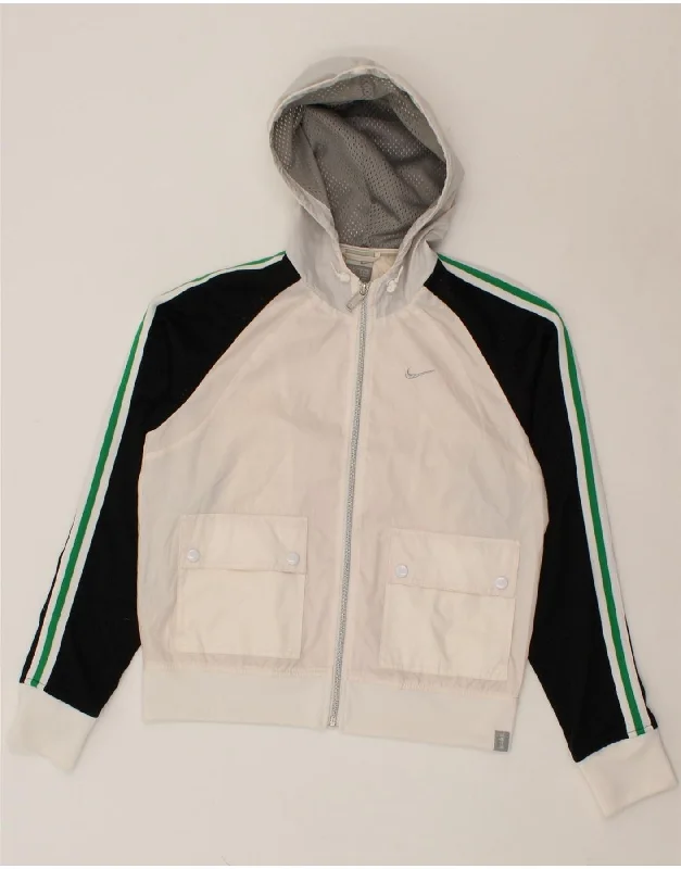 NIKE Womens Hooded Rain Jacket UK 10/12 Medium White Colourblock Polyester Herringbone Jacket Checkered Jacket Solid Jacket