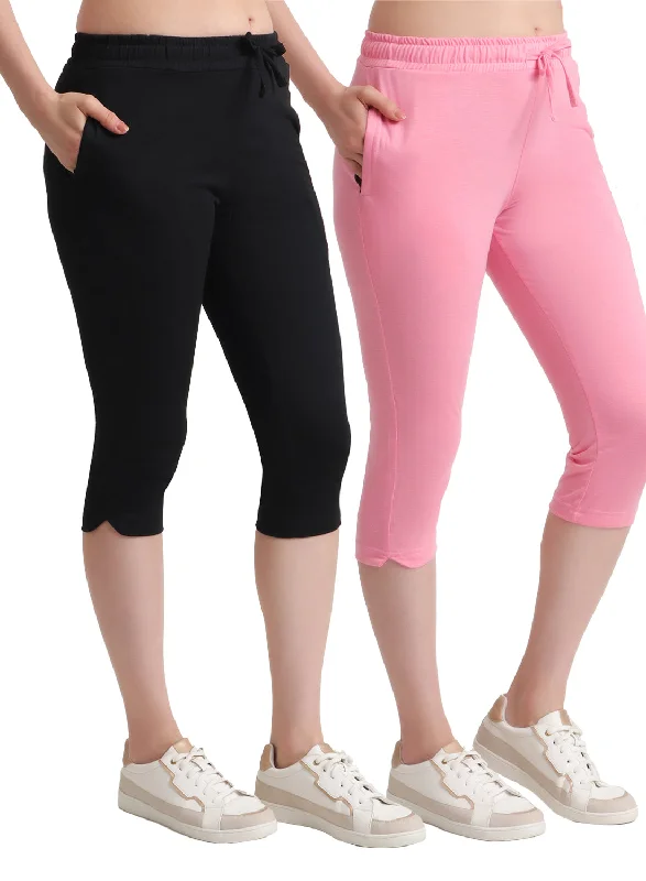 T.T. Women Regular Fit Poly Jersey Solid Capri Pack Of 2-Black-Pink Glamorous Jersey Tee