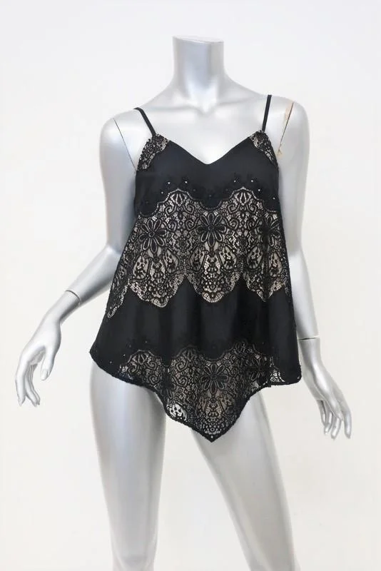 Alice + Olivia Tank Top Emmeline Black Lace Size Extra Small Handkerchief Hem print tank top