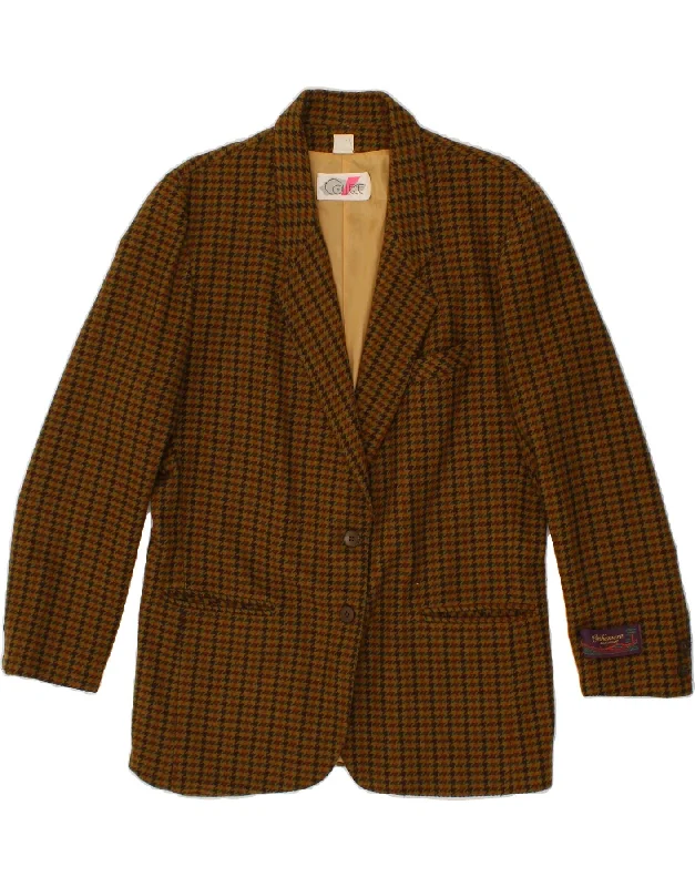 VINTAGE Womens 2 Button Blazer Jacket IT 46 Large Brown Houndstooth Zippered Front Buttoned Front Snap Front