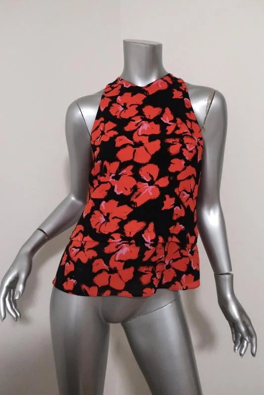 A.L.C. Top Black/Red Floral Print Silk Size 4 Sleeveless Zip-Back Tank spandex blend tank