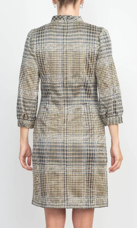 London Times T5954M - Checkered Bishop Sleeve Dress Pencil Office Professional