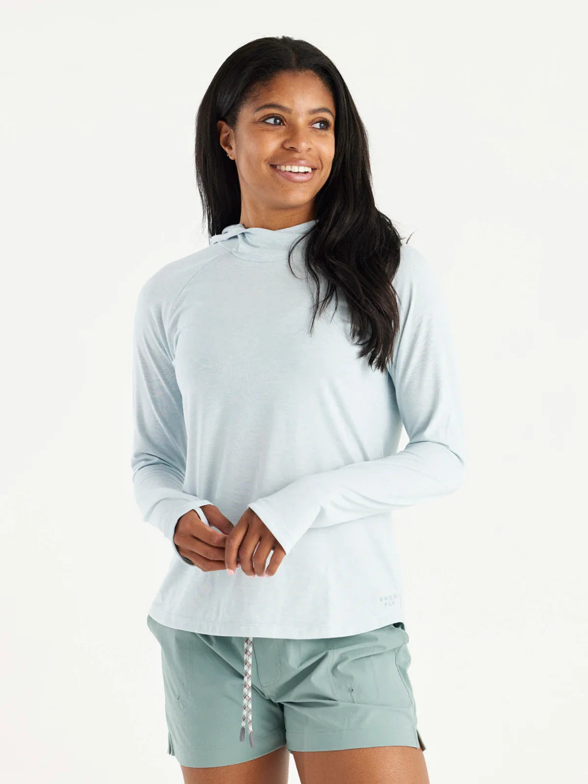 Free Fly Women's Elevate Hoodie in Heather Tide Pool Hoodie with Belted Waist Structured Tailored