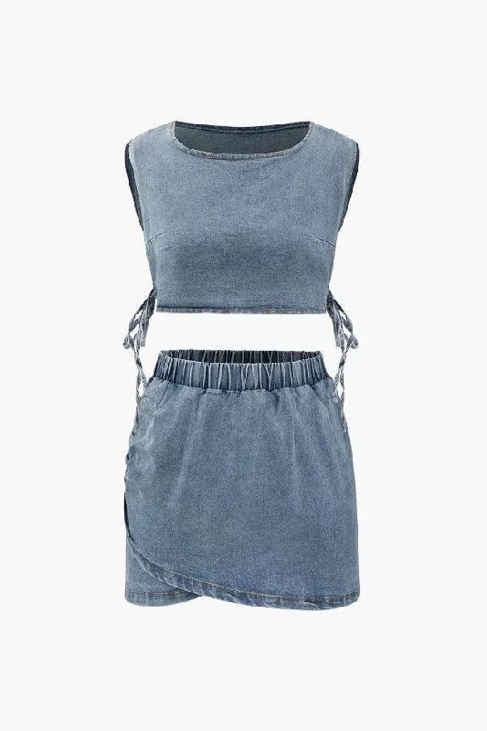 Denim Side Tie Tank Top And Wrap Mini Skirt Set slim fit tank