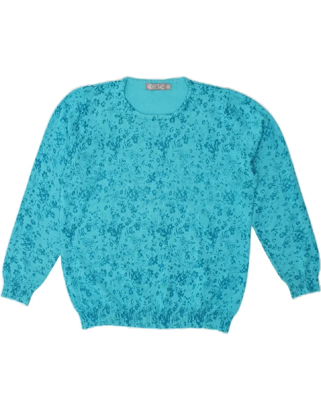 CASTLE OF IRELAND Womens Crew Neck Jumper Sweater UK 18 XL Blue Floral Thin Thick Dense