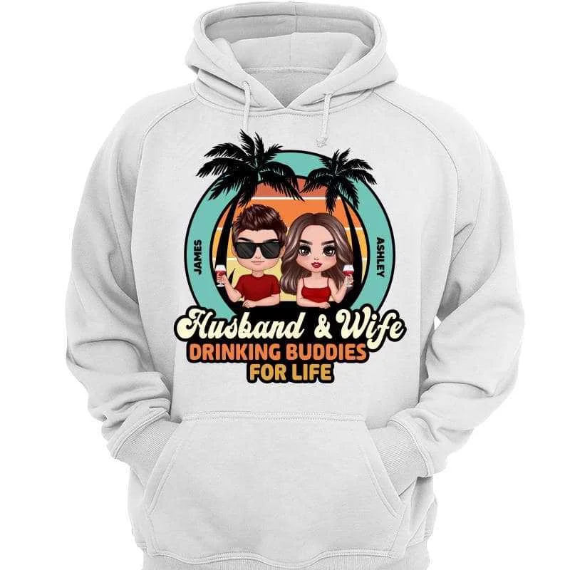 Husband Wife Drinking Buddies New Retro Couple Personalized Hoodie Sweatshirt Hoodie with Ribbed Cuffs Snug Fit Comfort