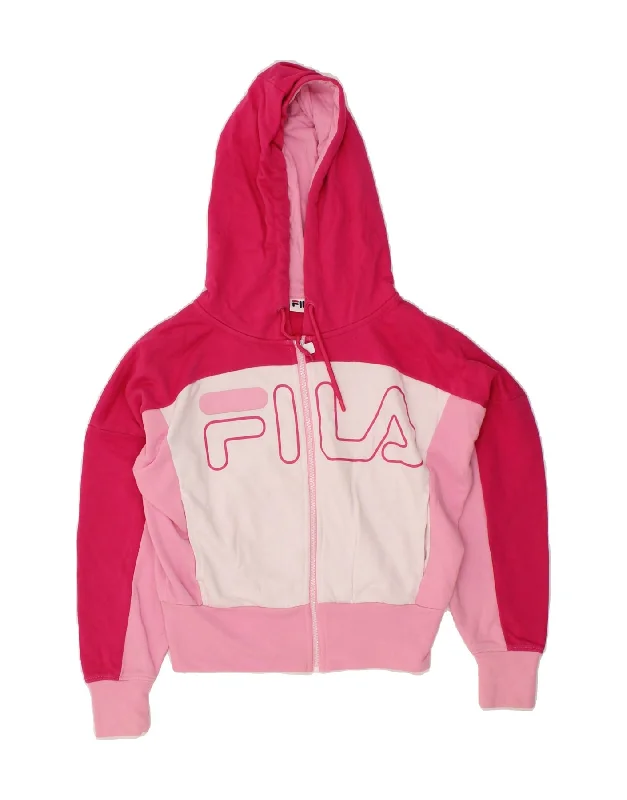 FILA Womens Oversized Crop Graphic Zip Hoodie Sweater UK 6 XS Pink Jersey Fabric Tulle Fabric Batik Fabric