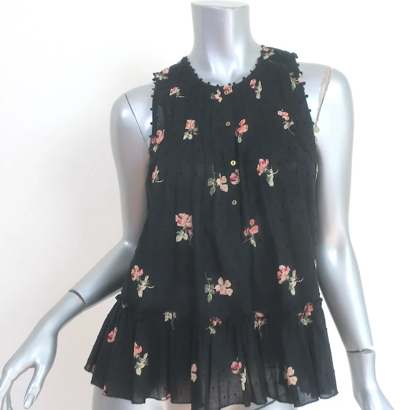 Ulla Johnson Cecile Ruffle Tank Top Black Floral Print Swiss Dot Cotton Size 2 stretchy tank top