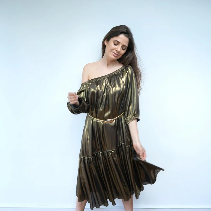 Ausus - Metallic Gold Midaxi Dress Halter Neckline Beach