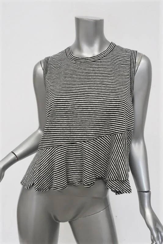 A.L.C. Tank Braxton Black/White Striped Linen Size Small Sleeveless Ruffle Top high neck tank