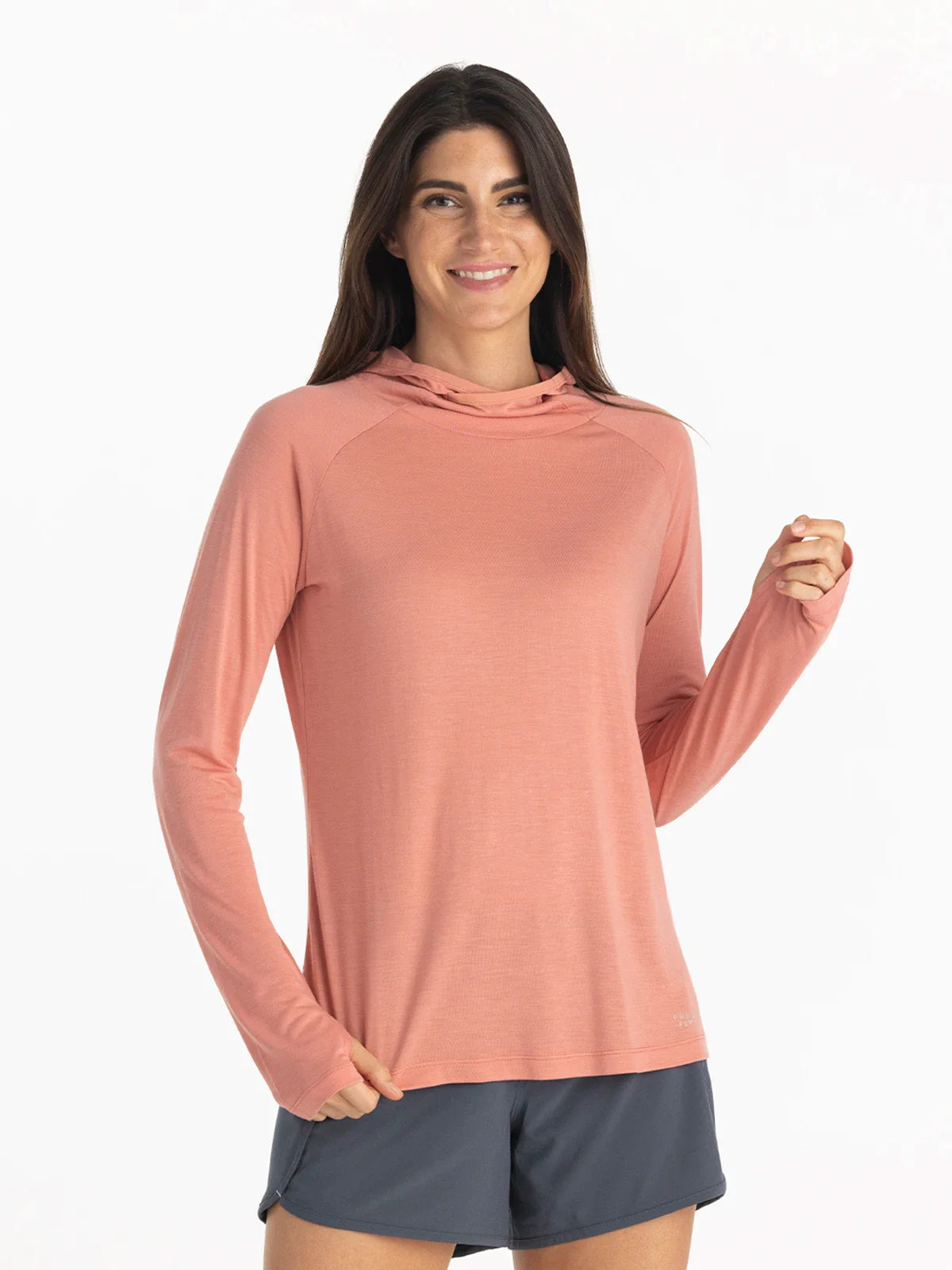 Free Fly Women's Bamboo Lightweight Hoodie II in Bright Clay Hoodie with Hem Ribbing Snug Secure