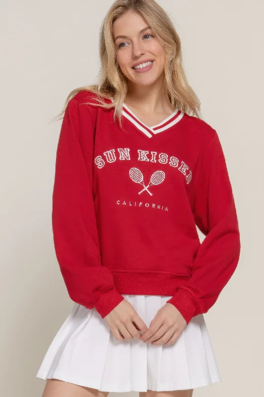 Long slv v-neck embroidered sweatshirt Hoodie with Double Zipper Versatile Adjustable