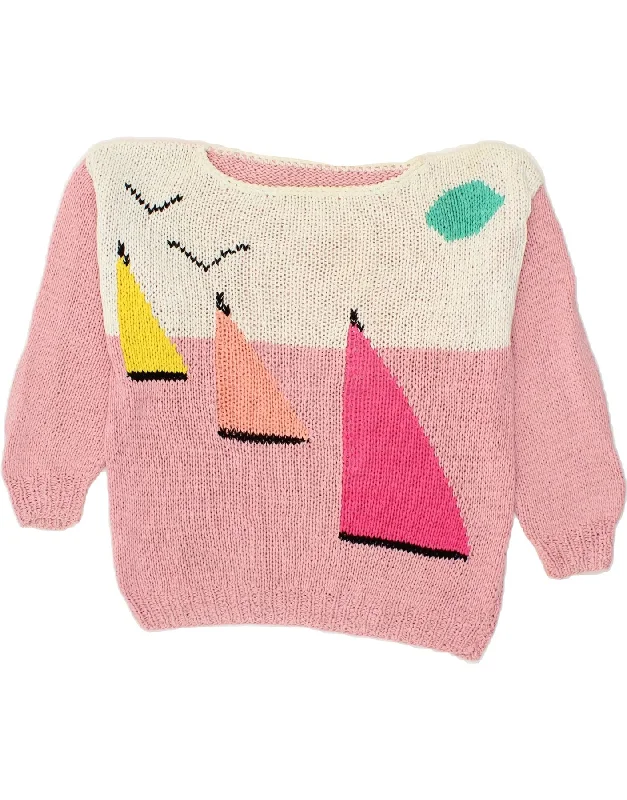 VINTAGE Womens Graphic Boat Neck Jumper Sweater UK 16 Large Pink Long Sweater Short Sweater Cropped Sweater