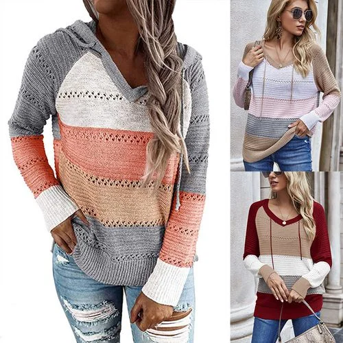 Women Long Sleeved  Hollow Out Contrast Color Knitted Sweater Hoodie Hoodie with Lining Warm Insulated