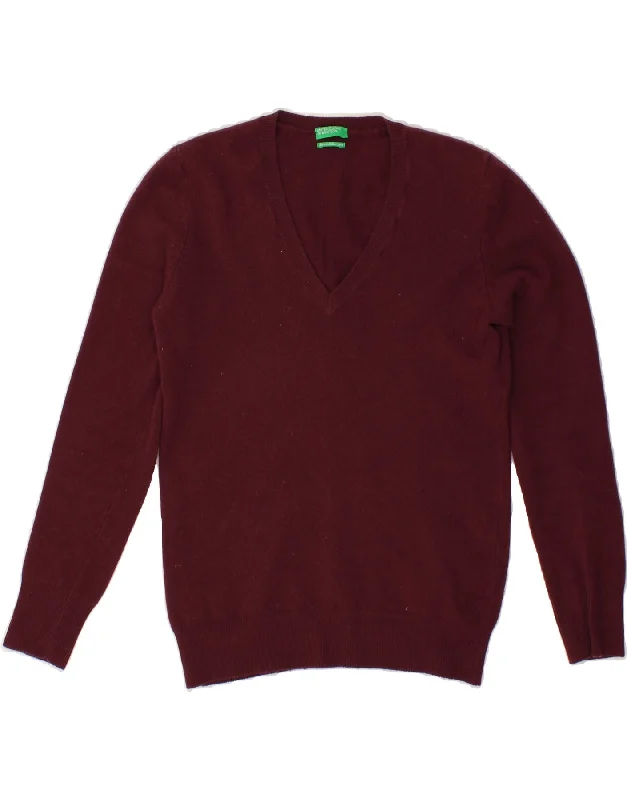 BENETTON Womens V-Neck Jumper Sweater UK 12 Medium Maroon Wool Stylish Fashionable Trendy