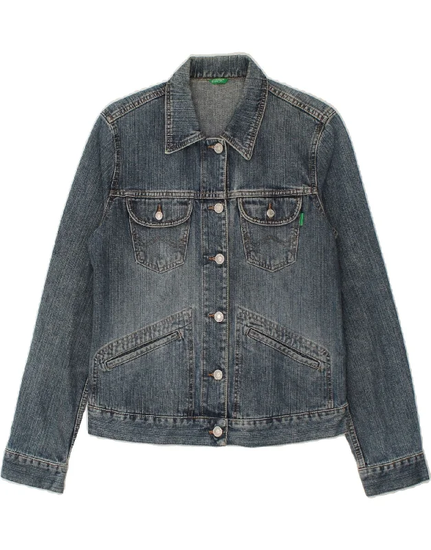 BENETTON Womens Denim Jacket UK 14 Medium Blue Cotton One-Shoulder Jacket Off-the-Shoulder Jacket Asymmetrical Jacket